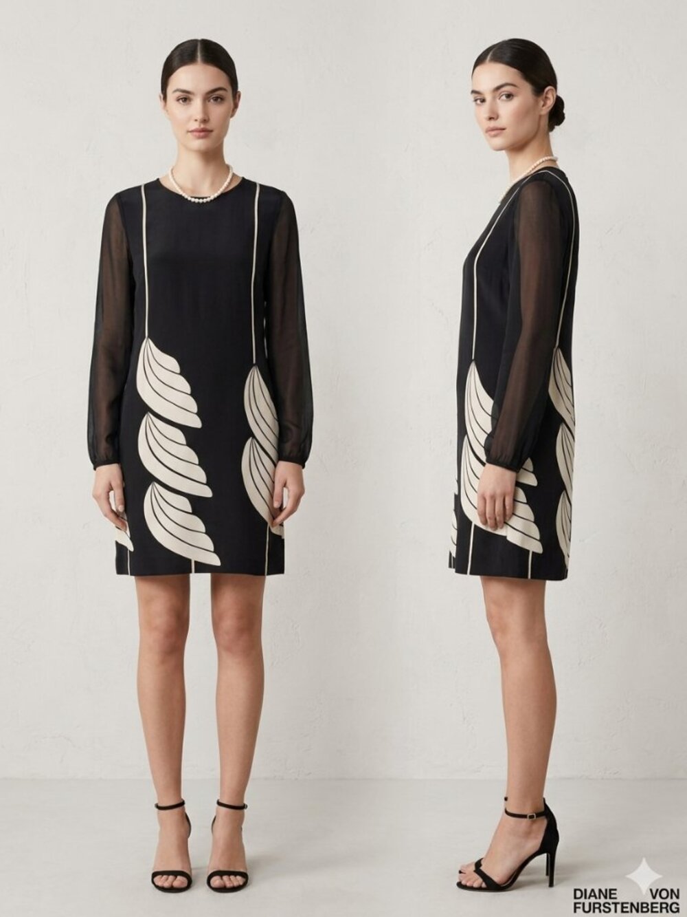 Diane Von Furstenberg Black 100% Silk "Bizzy" Wing Print Sheath Dress Size Small